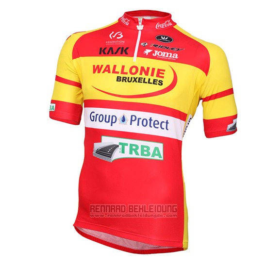 2016 Fahrradbekleidung Wallonie Bruxelles Gelb und Rot Trikot Kurzarm und Tragerhose